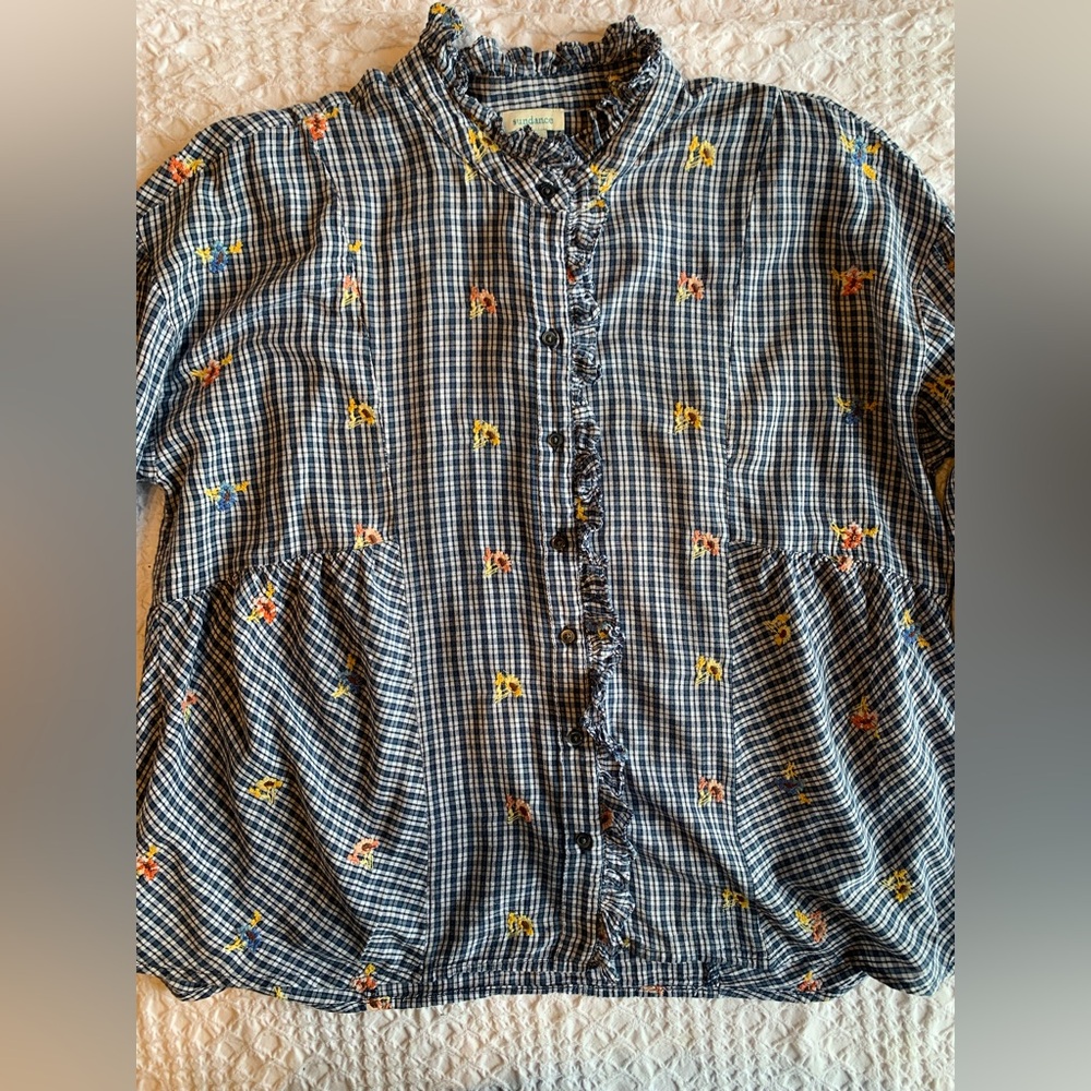Sundance Navy Checkered Blouse with Floral Accents - Picture 6 of 16